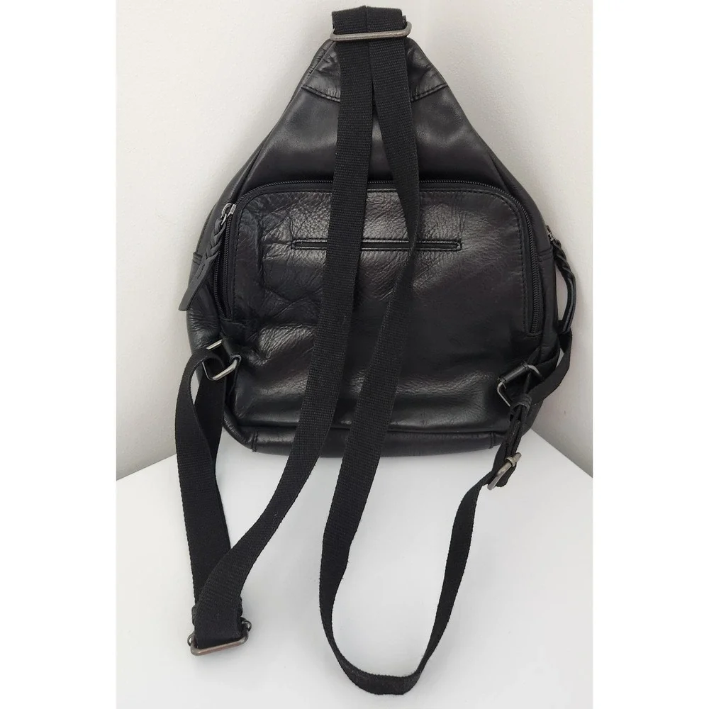 Black Genuine Leather Teardrop Small Backpack Purse Multi Pocket Y2K Style